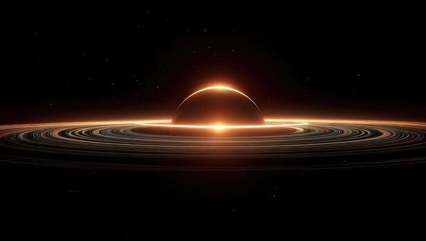 Golden planet with ring system in dark space photo