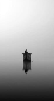 A solitary figure sits on a small platform over a misty lake photo