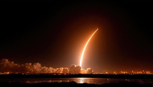 Rocket launch at night over a body of water photo