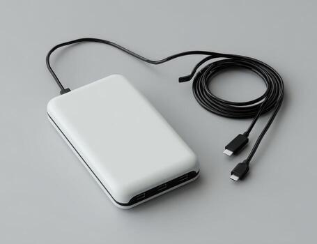 White rectangular portable charger with black cables photo