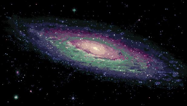 Pixelated spiral galaxy in deep space photo