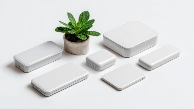 Assorted light gray metal containers arranged around a small succulent plant photo