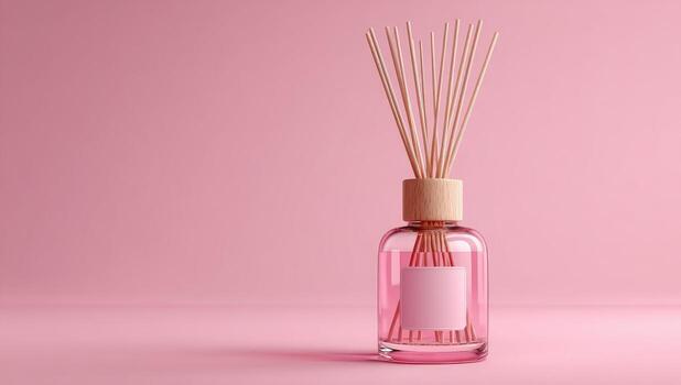 rosado difusor con de madera palos en un rosado antecedentes foto