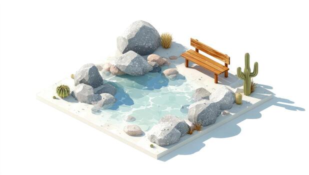 Isometric desert oasis scene with rocks, water, bench, and cacti photo