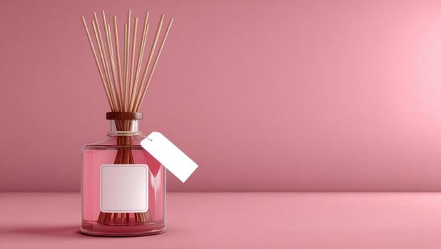 rosado difusor con de madera cañas y blanco etiqueta foto