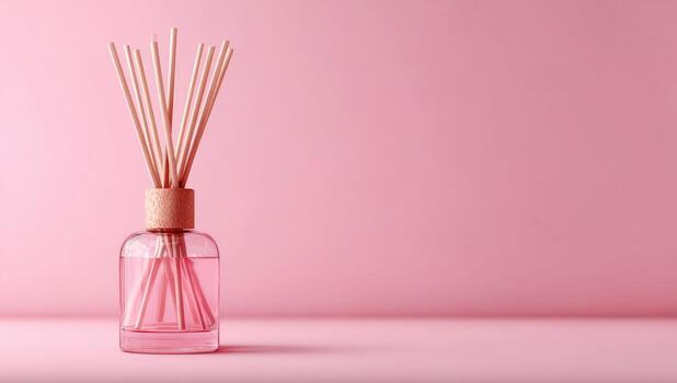 rosado difusor con ligero marrón de madera palos en un rosado antecedentes foto