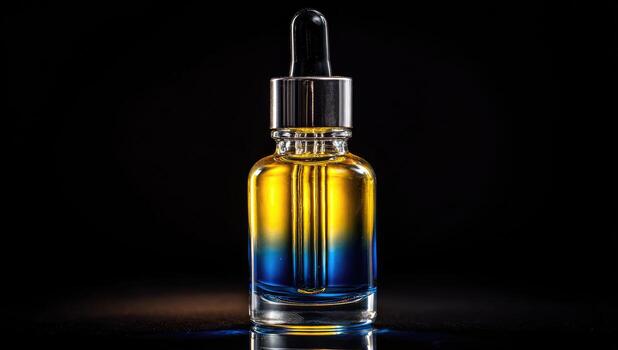 A glass dropper bottle, yellow-gold liquid at top, transitioning to blue at bottom, on a black background photo