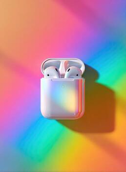 and keyword list based on the image

 Earbuds sitting in case on rainbow background photo