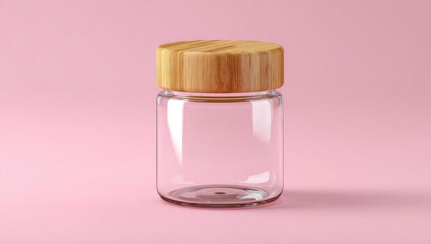 Empty clear glass jar with light brown wooden lid on a pink background photo