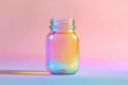 Empty glass jar, iridescent rainbow colors, soft pastel background photo