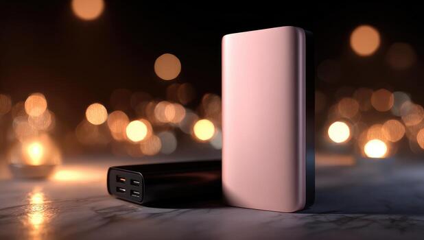 dos portátil cargadores, un negro y un Rosa Rosa rectangular poder banco, sentar en un mármol superficie en contra un borroso bokeh antecedentes de calentar luces foto