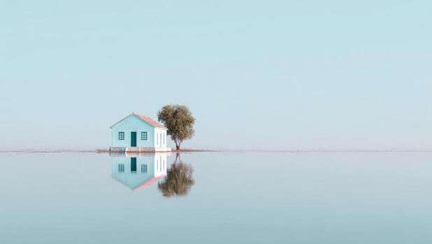 Pastel-toned, serene house on a small island, reflected perfectly in glassy water photo