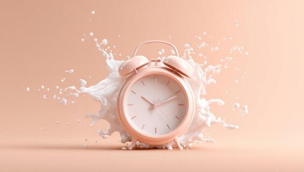 Pastel pink alarm clock immersed in a splash of white liquid against a peach background photo