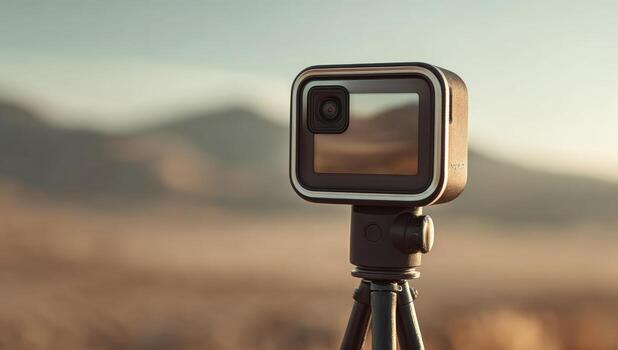 Compact action camera mounted on tripod, golden light, outdoor setting photo