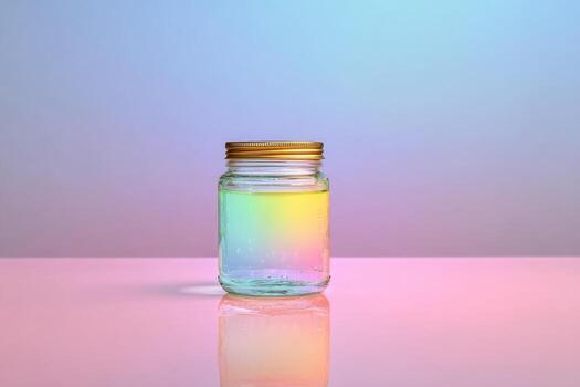 Glass jar with gold lid, vibrant gradient backdrop photo