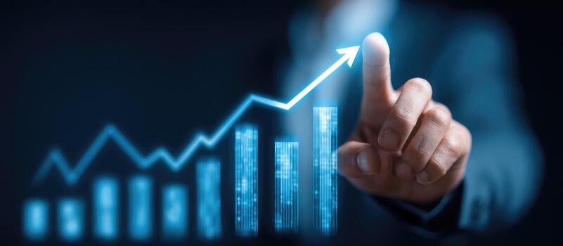 proyectado crecimiento, mano interactuando con hacia arriba tendencias bar grafico foto
