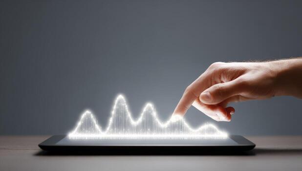 Hand interacting with glowing graph on tablet photo