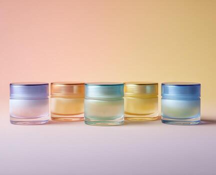 Five colorful cosmetic jars in a gradient background photo