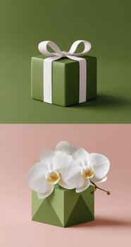and keyword list based on the image

 Gift Box Still Life Styled Green Boxes Against Split-Tone Background. photo