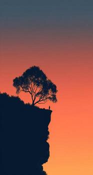 Silhouette of a person on a clifftop at sunset. A single tree stands with them photo