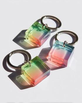 Two rainbow-colored, cube-shaped keychains photo