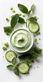Light green face mask in a white bowl, surrounded by cucumber slices and leaves photo