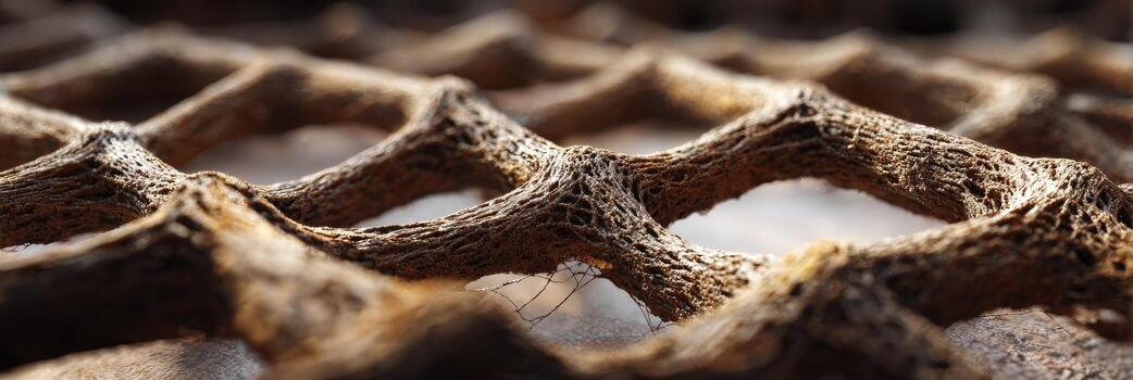 Close-up view of a textured, interwoven, brown latticework photo