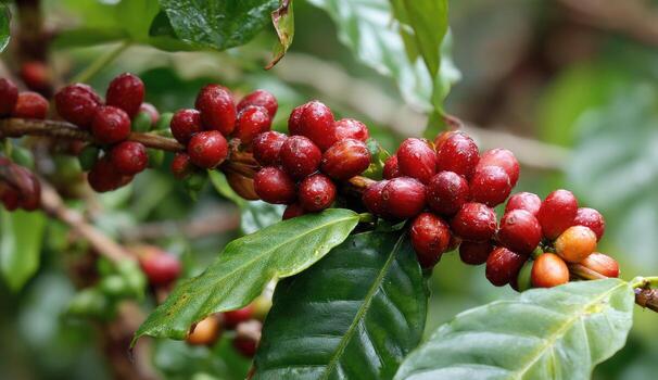 de cerca de maduro rojo café cerezas en un rama foto