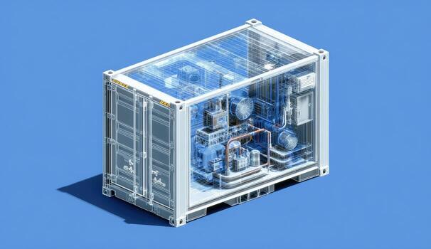 3D isometric view of a transparent shipping container, revealing intricate machinery inside photo