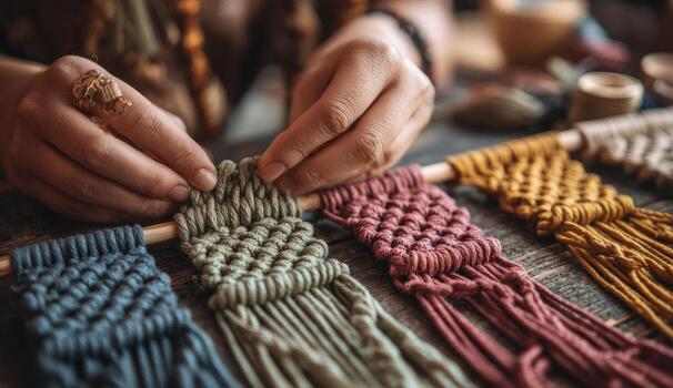 Close-up of hands macrame colorful wall hangings photo