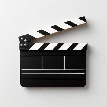 Open black and white movie clapperboard on a plain white background photo
