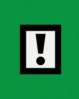 Green background with a black framed white box containing a bold exclamation point photo