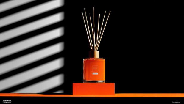 naranja difusor con de madera cañas, dramático Encendiendo y oscuridad foto