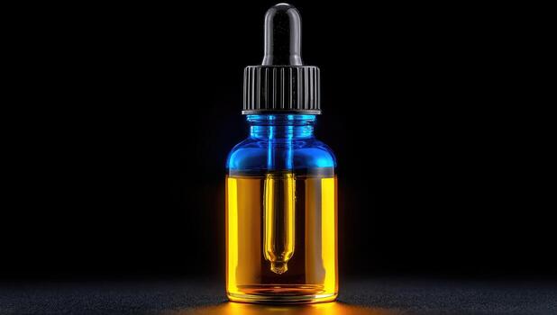 Close-up of a dark-blue and amber dropper bottle on a black background photo