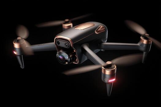 Drone in flight, dark background, sleek design photo