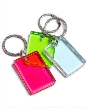 Three vibrant, rectangular, plastic keychains in lime green, fuchsia, and light blue photo