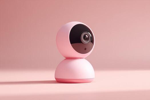 Pink, round security camera on a pink surface photo
