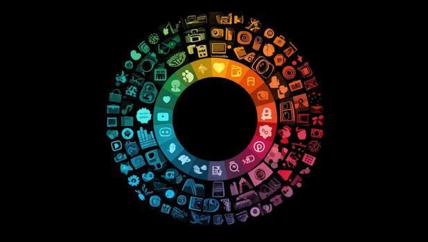Circular graphic with many colorful app and social media icons photo