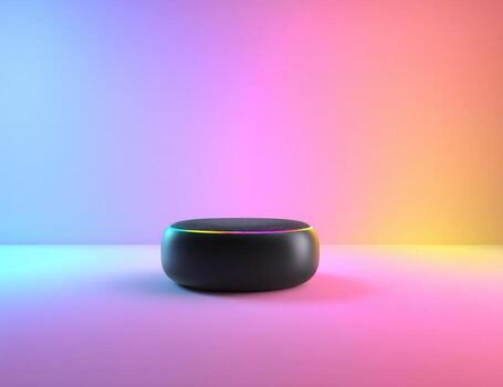 Black round smart speaker on a plain surface, vibrant multicolored gradient background photo