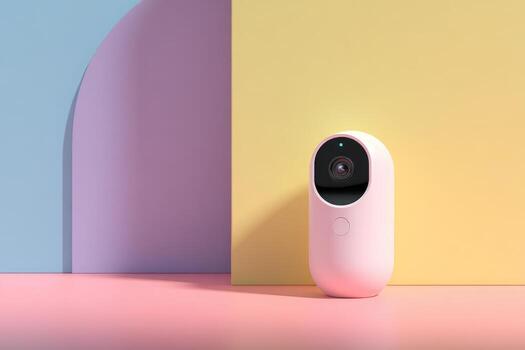 Pastel-colored background, a white security camera photo