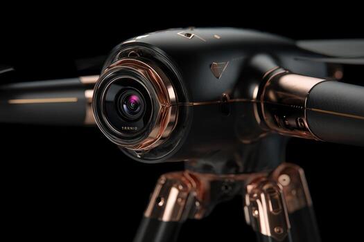 de cerca de avanzado drones cámara módulo. sofisticado, oscuro, y metálico, con Rosa oro acentos foto