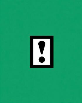 Black exclamation point in a white rectangle, framed by a black border, on a vibrant green background photo