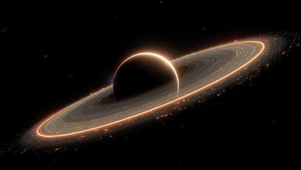 Ringed planet in deep space. Glowing rings encircle dark sphere photo