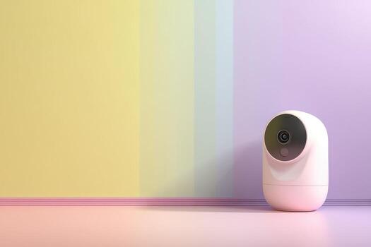 Pastel-colored room with a small, round, white security camera photo