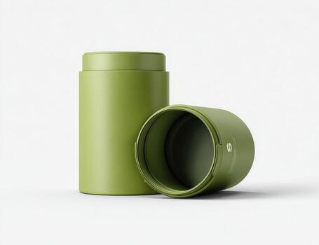 Two olive-green cylindrical containers, one open photo