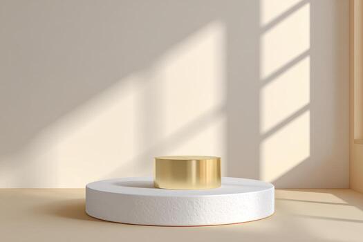 Empty gold cylinder podium on a white circular platform photo