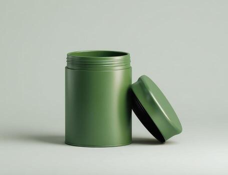 Olive green cylindrical container with open lid on a muted background photo
