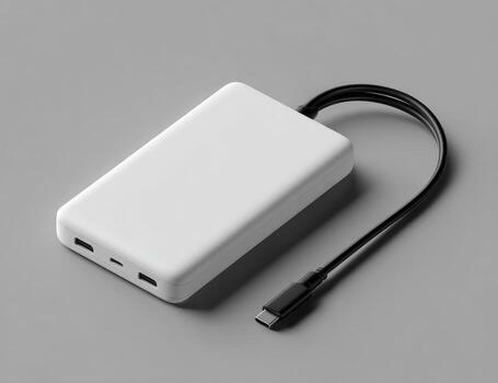 White rectangular portable charger with black cable and USB-C port photo