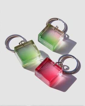 Three gradient-colored, square acrylic keychains photo