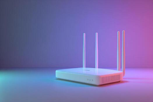 White router, three antennas, vibrant neon background photo